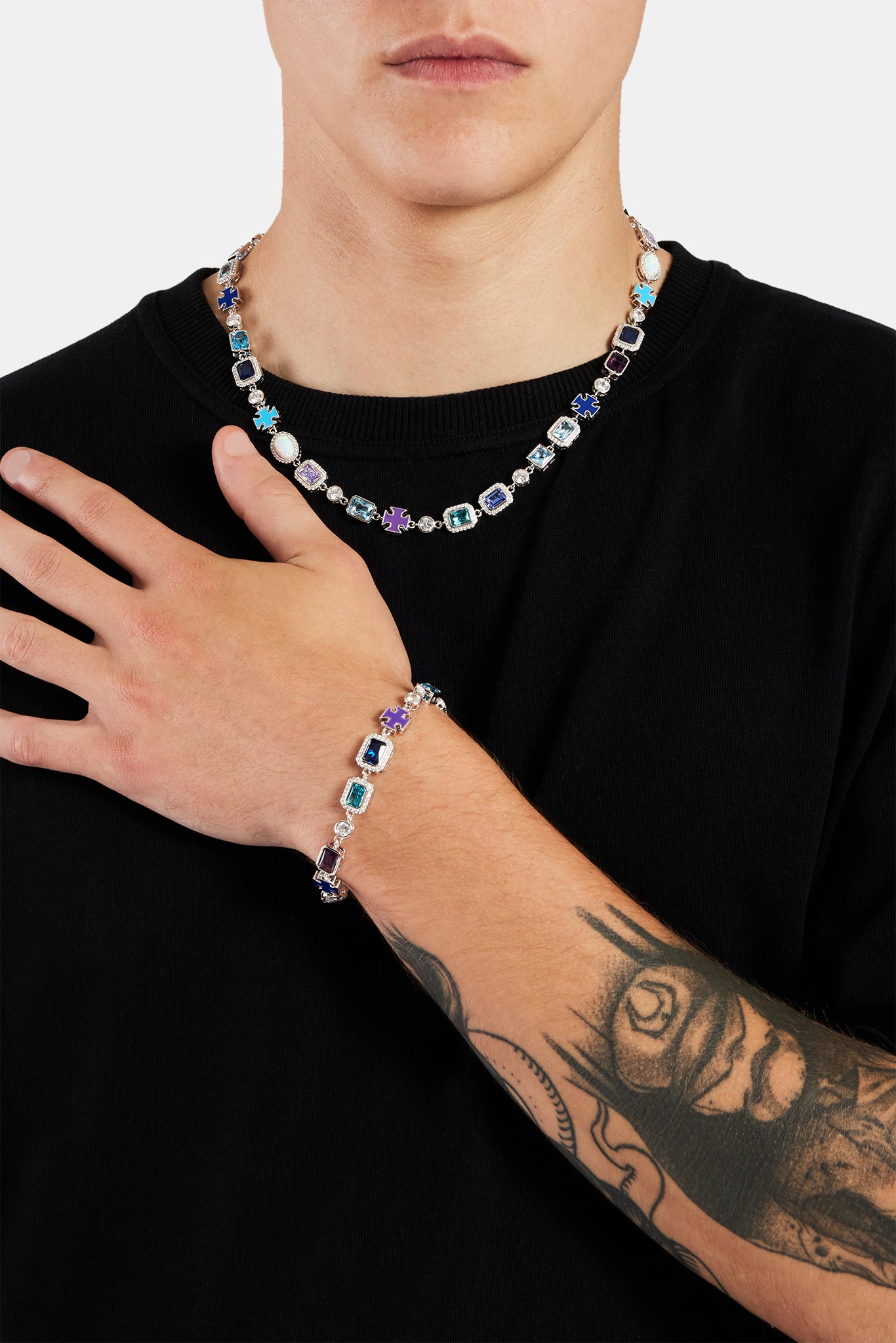 Multi Gem Stone Motif Necklace And Bracelet Bundle White Mens Bundles