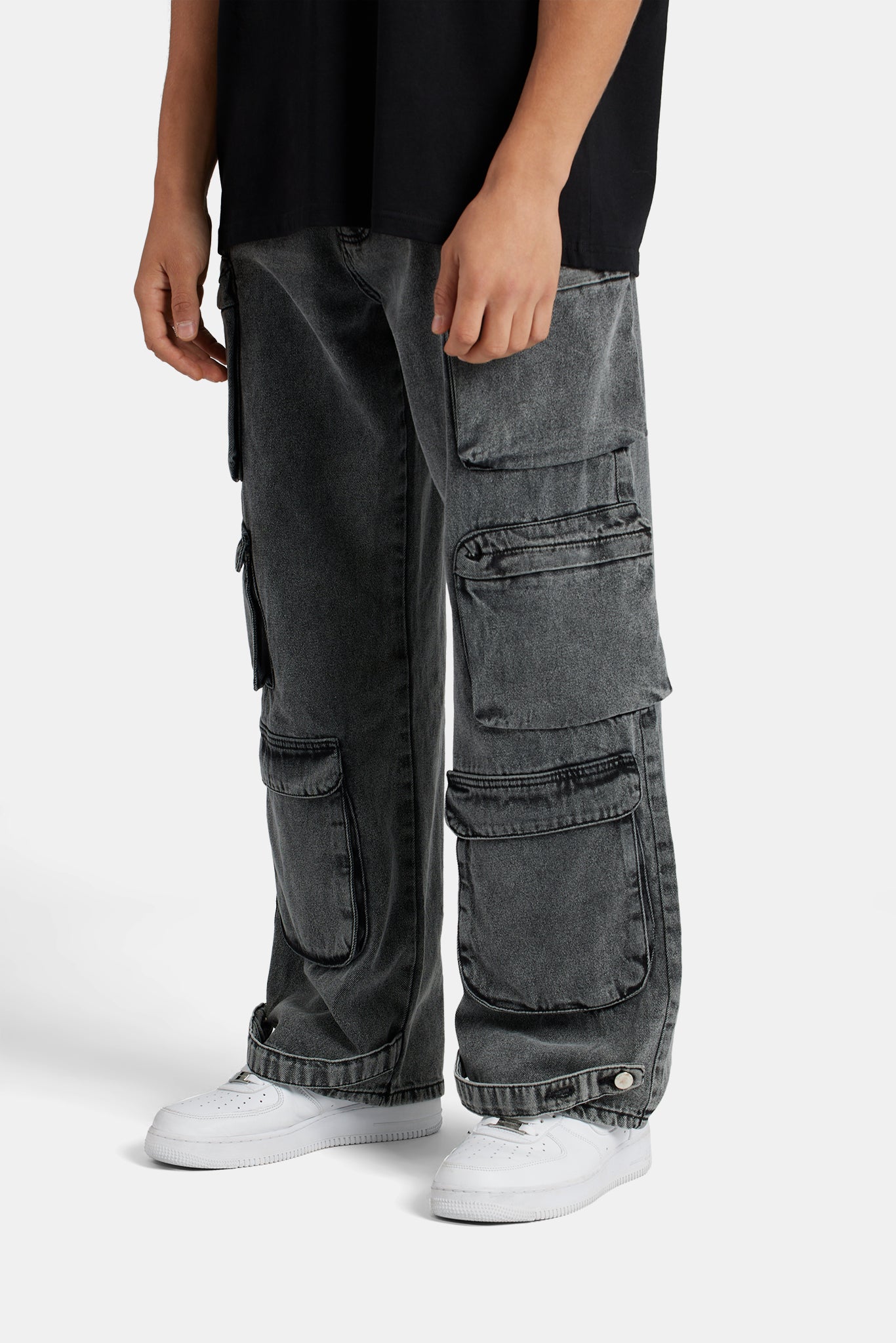 Relaxed Fit Acid Wash Cargo Jeans