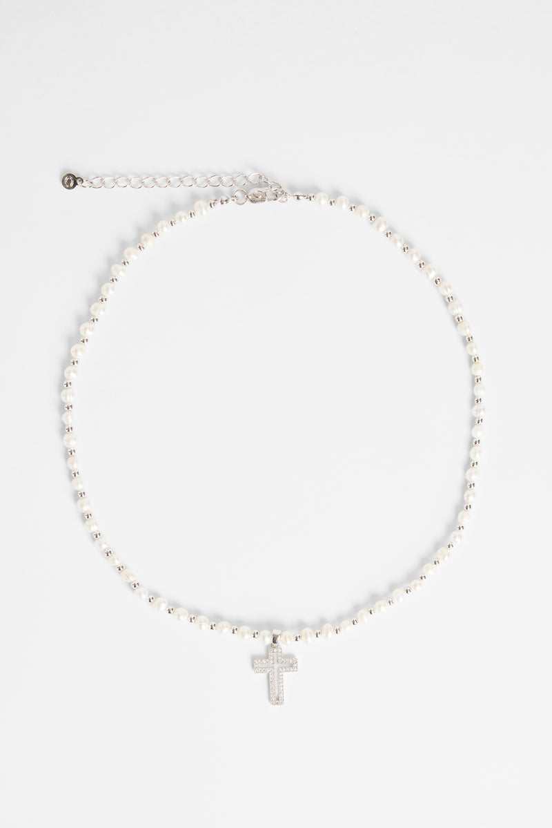 4mm Freshwater Pearl And Bead Necklace With Cross Charm