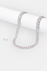 14mm Baguette Prong Cuban Chain & Earrings - White