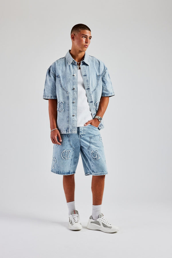 Raw Edge Applique Carpenter Denim Shirt & Bermuda Short  - Ice Blue