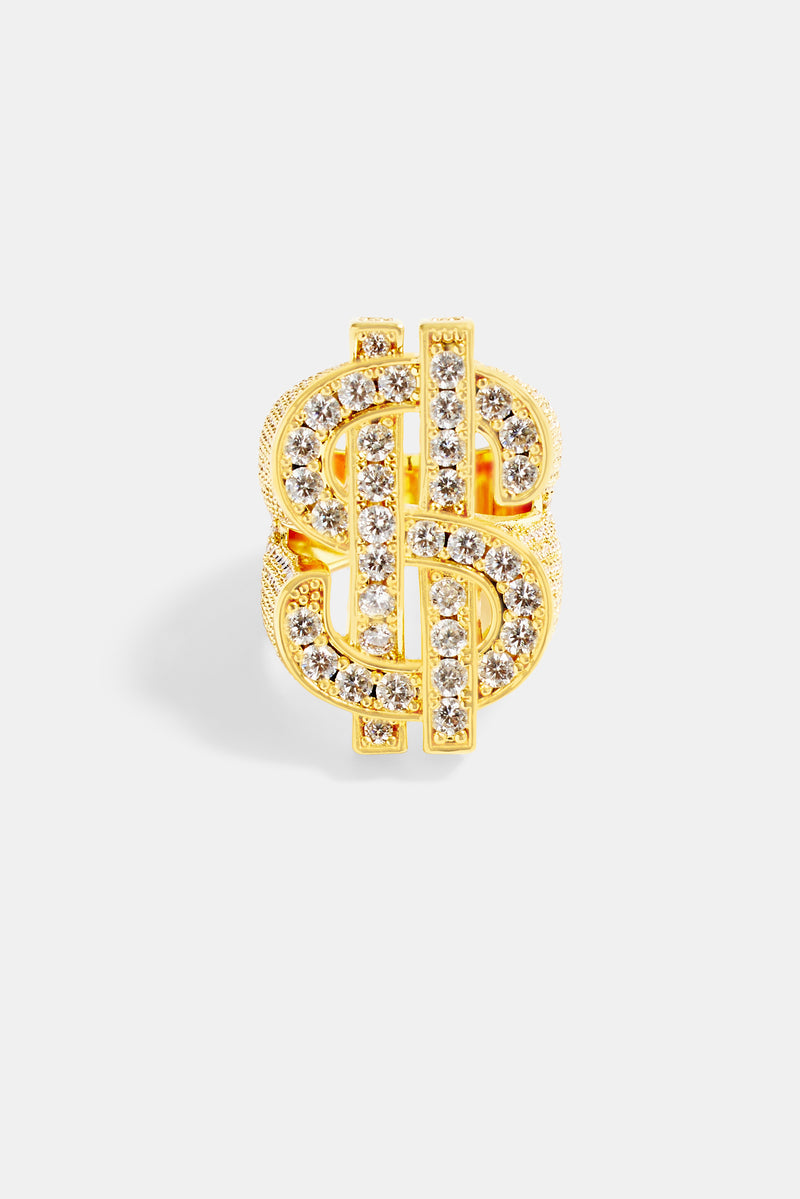 Gold Plated 33mm Iced CZ Dollar Sign Ring