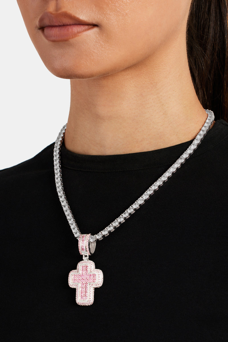 35mm Iced Pink CZ Baguette Cross Pendant