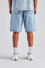 Raw Edge Applique Carpenter Bermuda Denim Short - Ice Blue