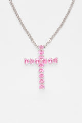 3mm Cuban Chain & Pink Iced Cross Necklace