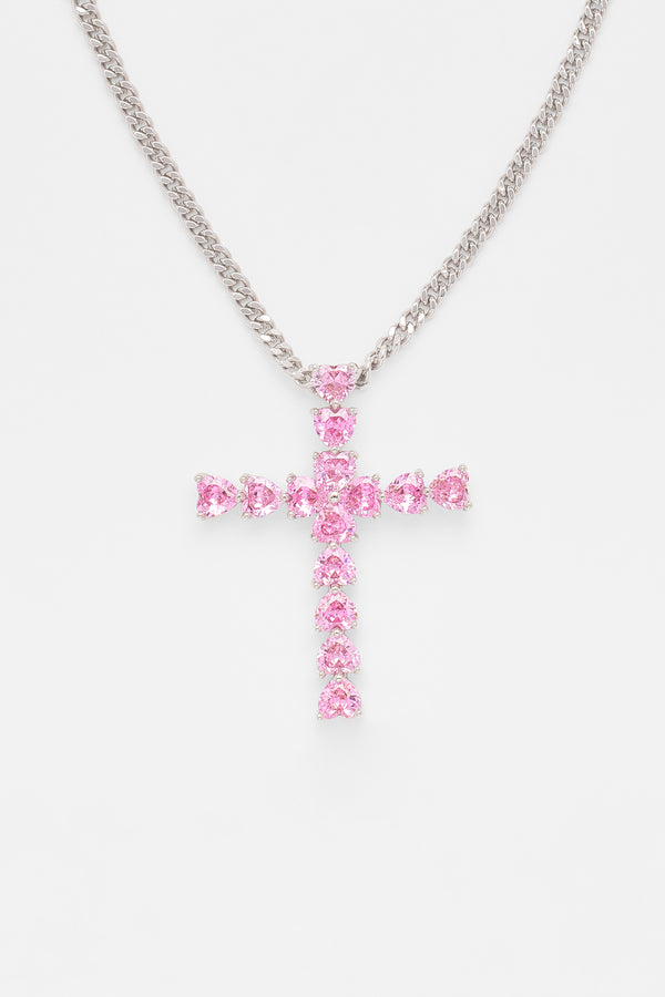 3mm Cuban Chain & Pink Iced Cross Necklace