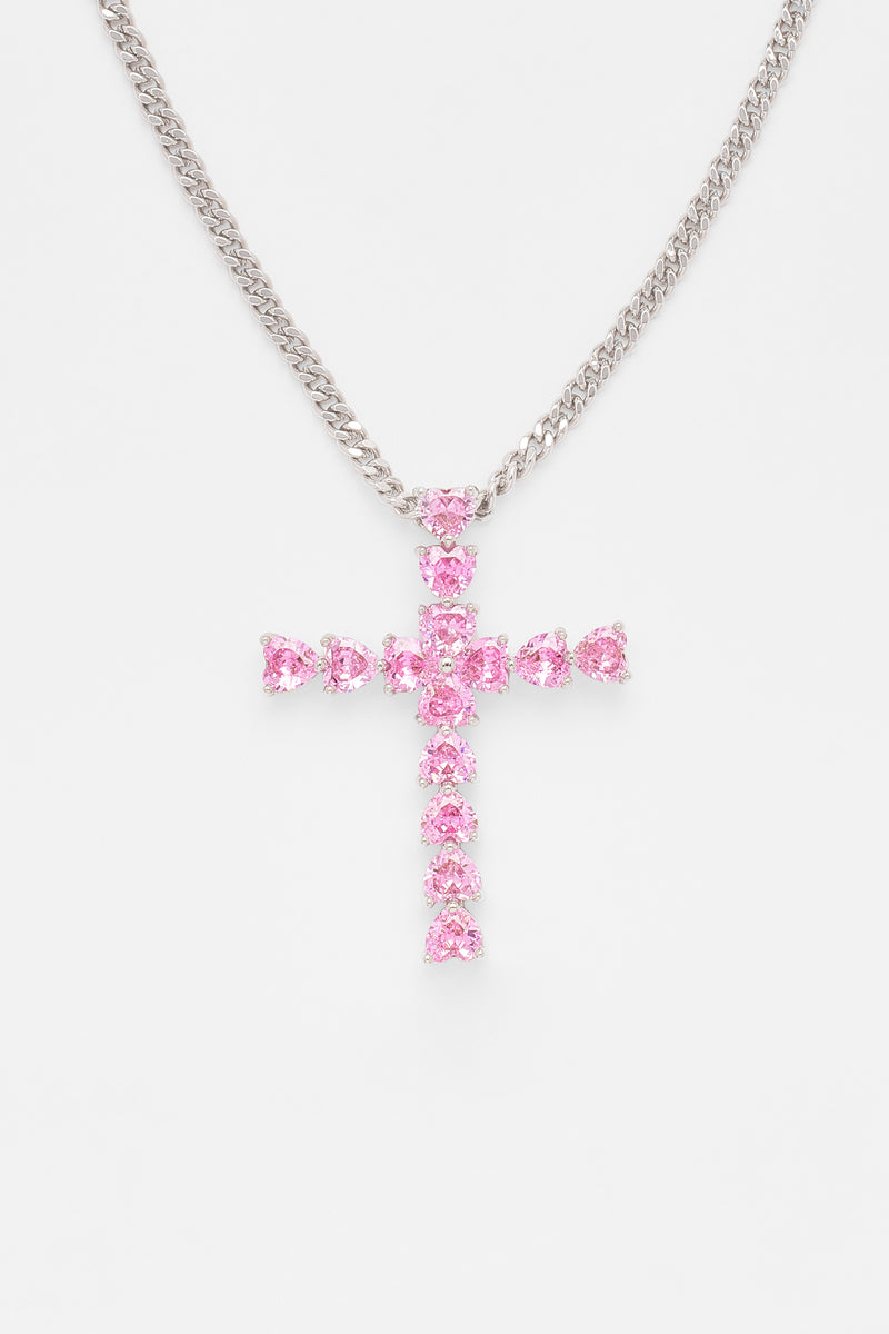 3mm Cuban Chain & Pink Iced Cross Necklace