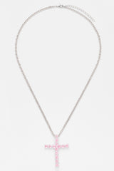 3mm Cuban Chain & Pink Iced Cross Necklace