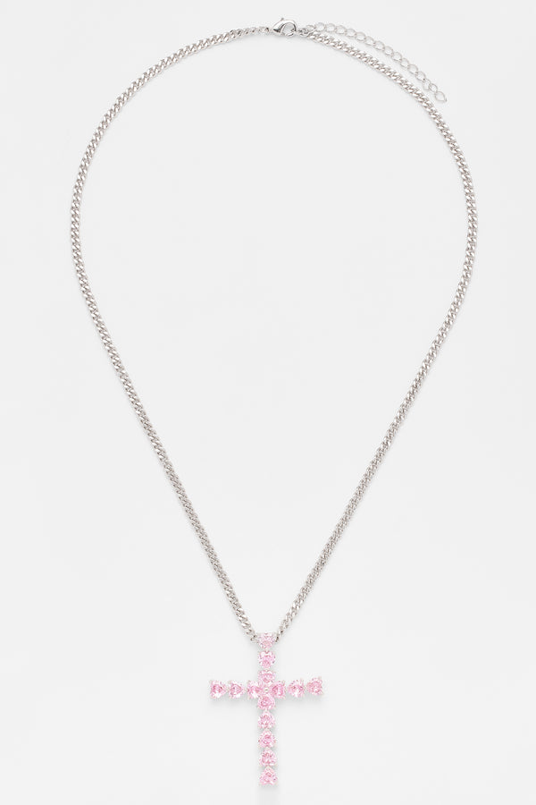 3mm Cuban Chain & Pink Iced Cross Necklace