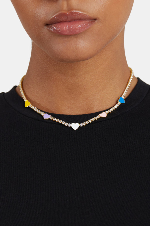 3mm Gold Plated Iced CZ Pastel Enamel Heart Tennis Chain