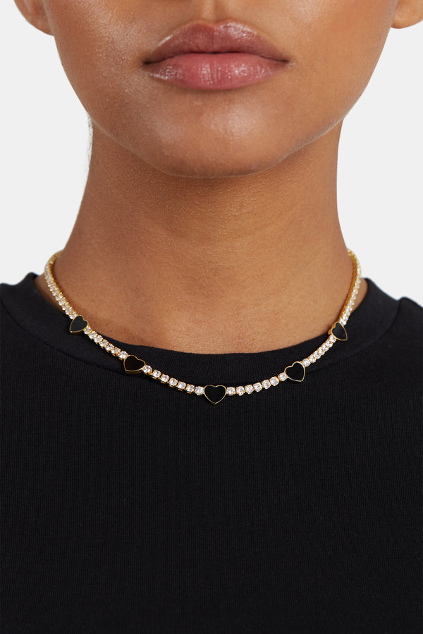 3mm Gold Plated Iced CZ Black Enamel Heart Tennis Chain