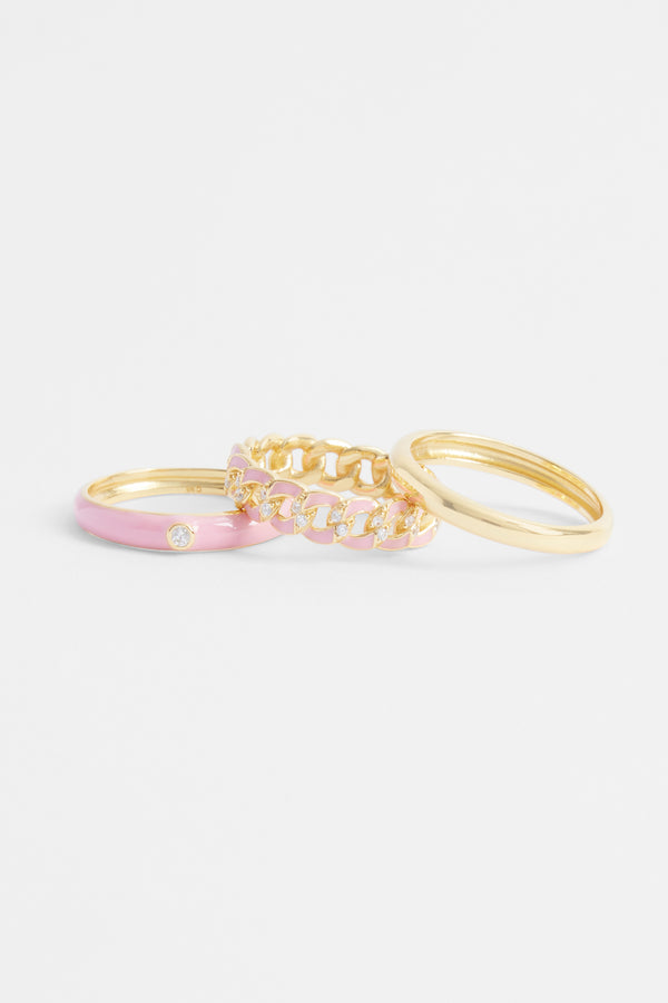 3 Pack Mixed Pink Enamel Rings - Gold