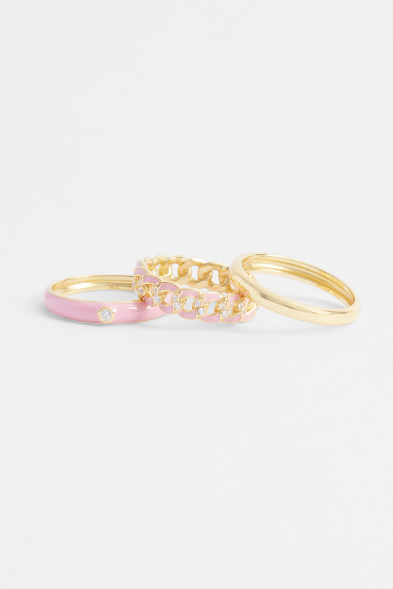 3 Pack Mixed Pink Enamel Rings - Gold