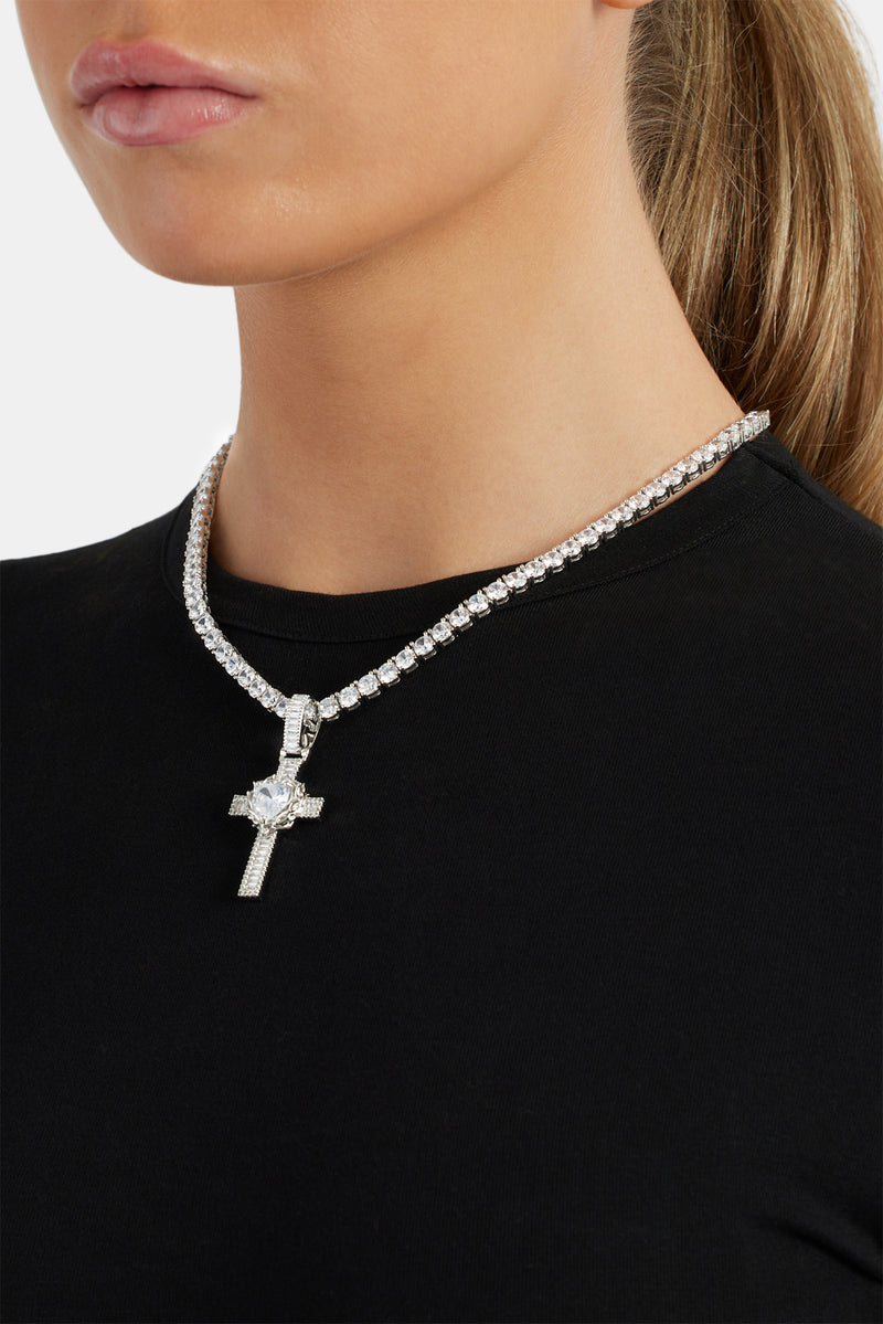 40mm Baguette CZ Heart Cross Pendant