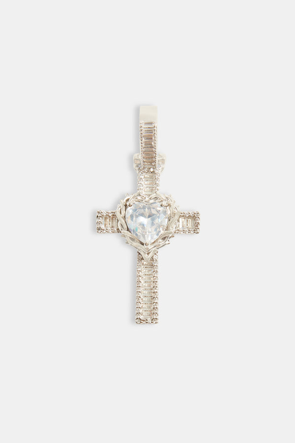 40mm Baguette CZ Heart Cross Pendant