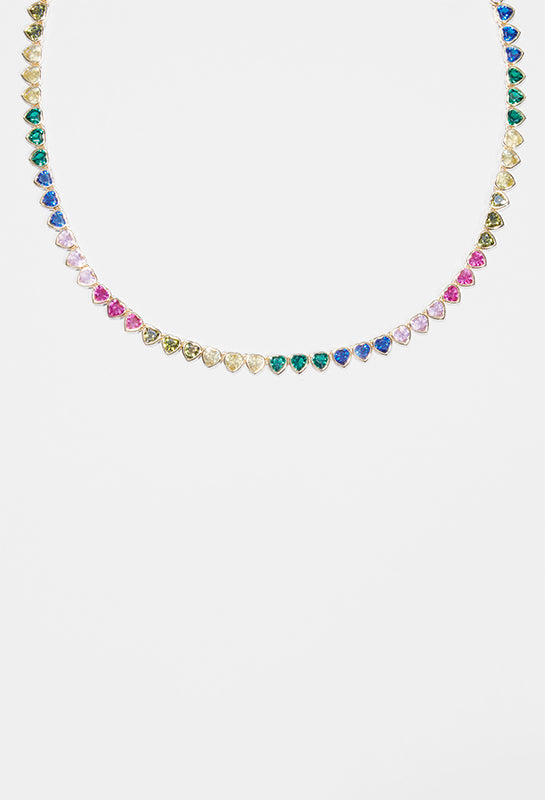 5mm Iced Multi Colour Heart Tennis Necklace - Gold