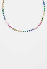 5mm Iced Multi Colour Heart Tennis Necklace - Gold