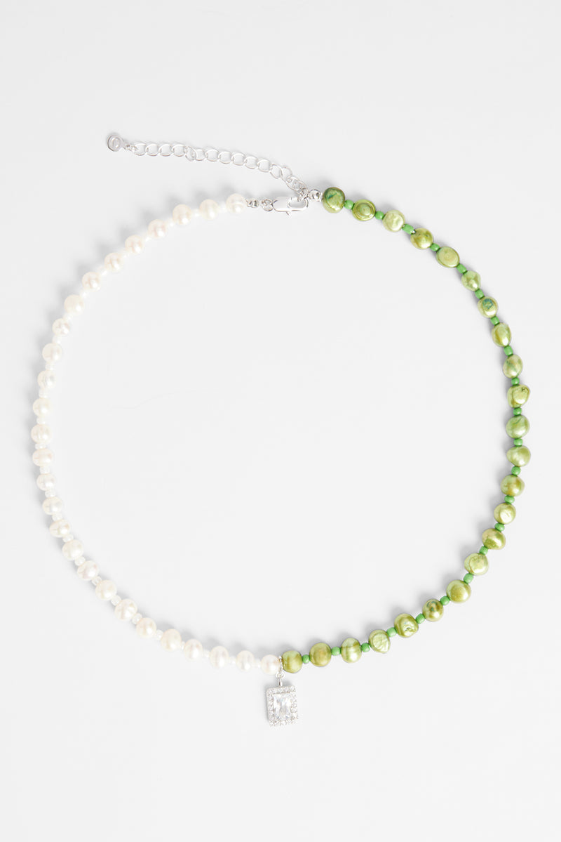 6mm Half Freshwater Pearl & Half Green Iced Necklace