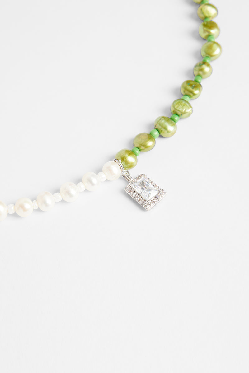 6mm Half Freshwater Pearl & Half Green Iced Necklace