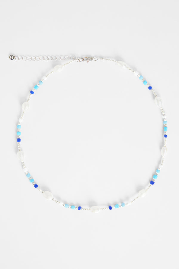 7mm Freshwater Pearl & Blue Bead Necklace