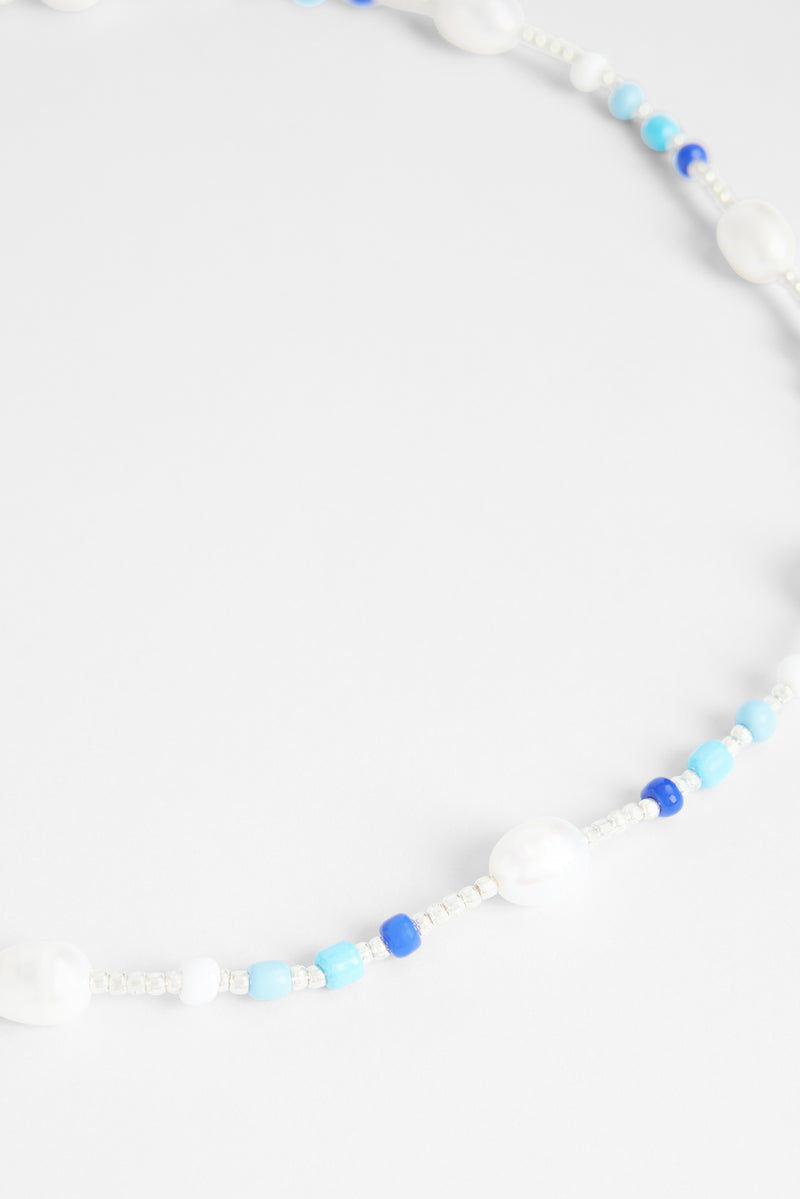 7mm Freshwater Pearl & Blue Bead Necklace
