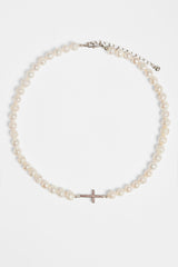 7mm Freshwater Pearl & Pink Iced Cross Necklace