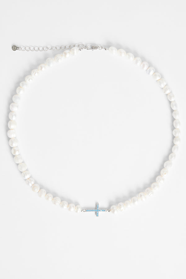 7mm Freshwater Pearl & Blue Iced Cross Necklace