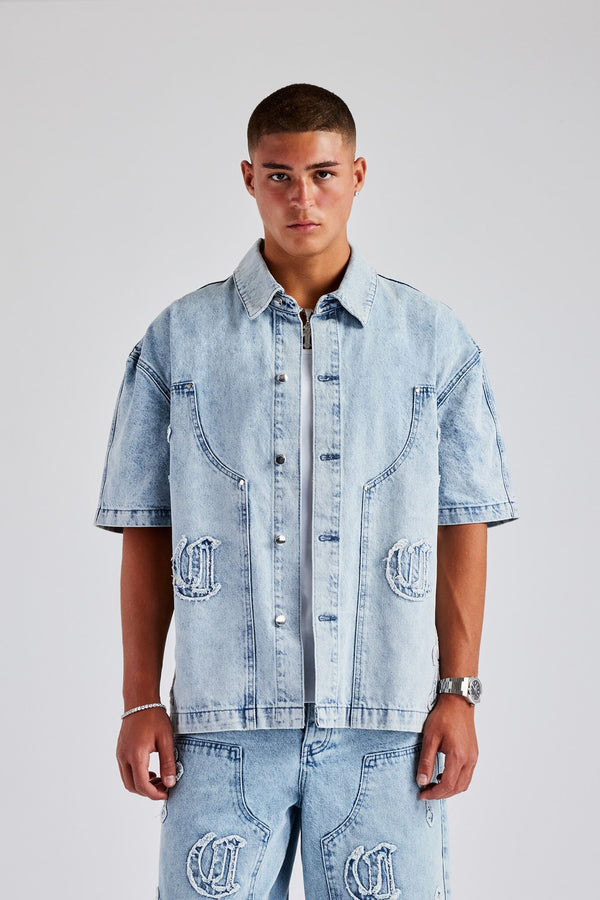 Raw Edge Applique Carpenter Denim Shirt - Ice Blue