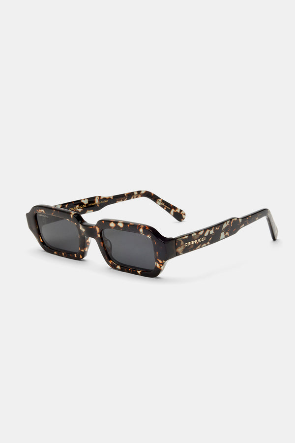 Angled Slim Rectangle Marble Acetate Frame Sunglasses - Black