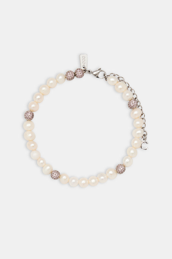 Freshwater Pearl & Pink Iced Ball Anklet - 6mm