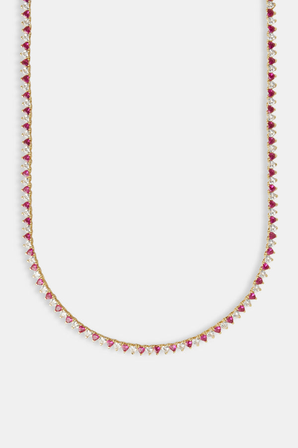 Deep Pink & Clear Heart Tennis Chain - 3mm - Gold