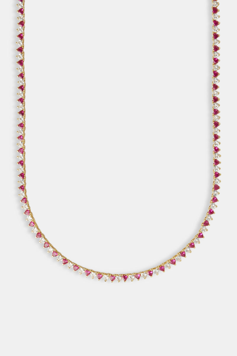 Deep Pink & Clear Heart Tennis Chain - 3mm - Gold