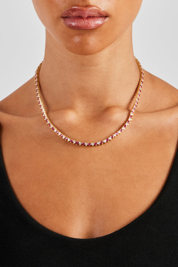 Deep Pink & Clear Heart Tennis Chain - 3mm - Gold