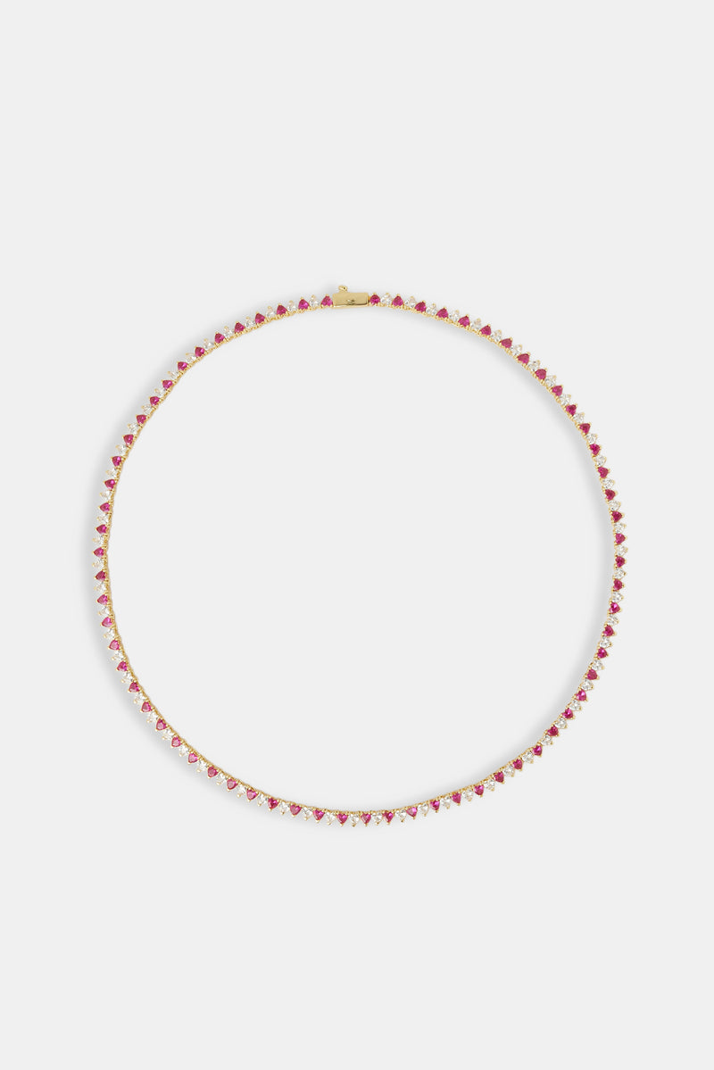 Deep Pink & Clear Heart Tennis Chain - 3mm - Gold