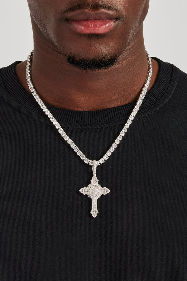 Iced Cross Baguette Pendant & 5mm Tennis Chain - White