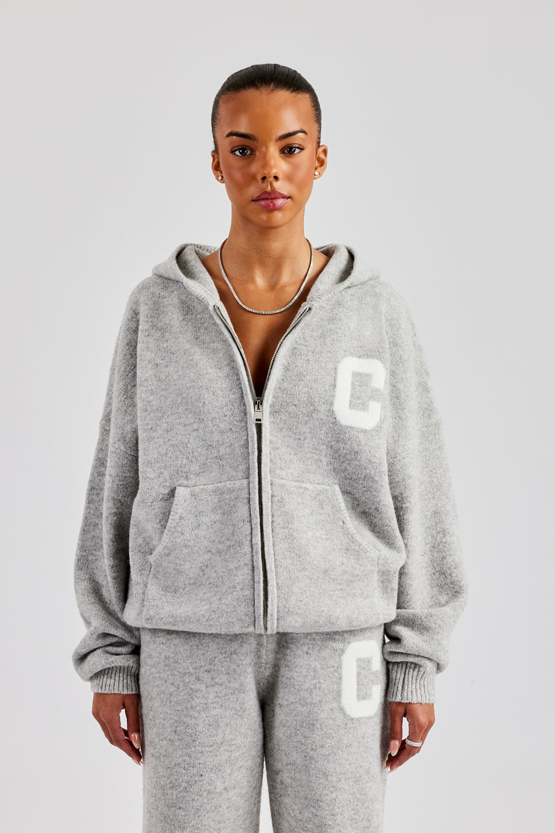 Knitted Zip Through Hoodie - Light Grey