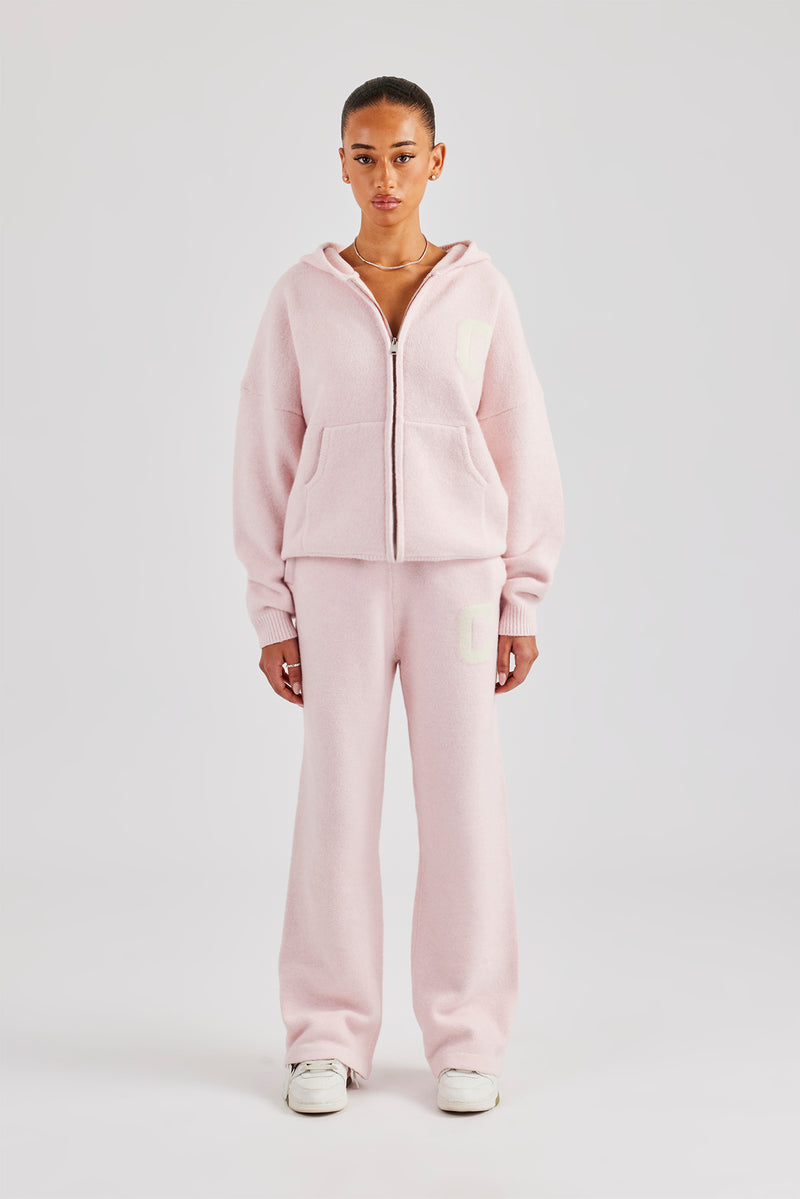 Hooded Zip Through Knitted Tracksuit Baby Pink Womens Sets