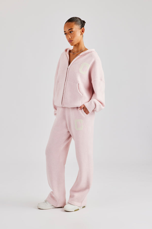 Hooded Zip Through Knitted Tracksuit - Baby Pink