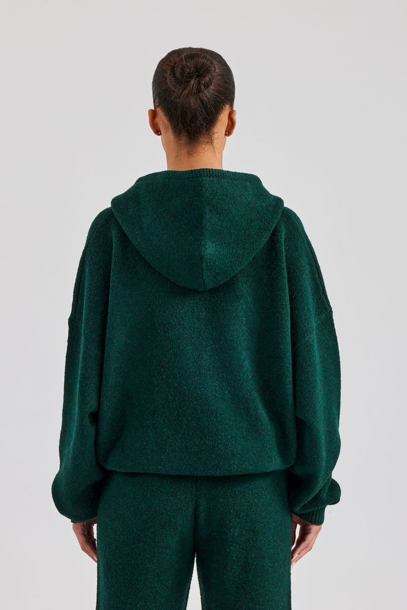 Hooded Zip Through Knitted Jumper - Bottle Green