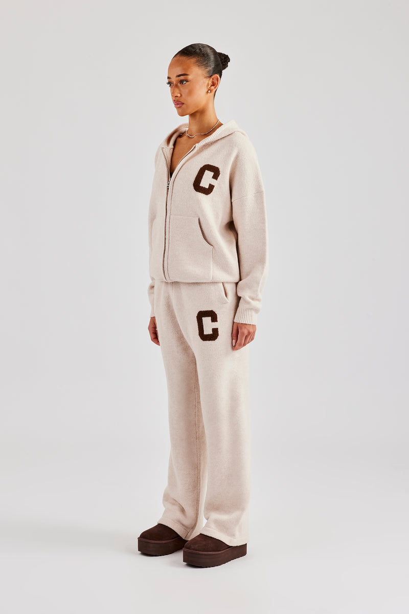 Hooded Zip Through Knitted Tracksuit - Off White