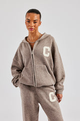 Hooded Zip Through Knitted Jumper - Taupe