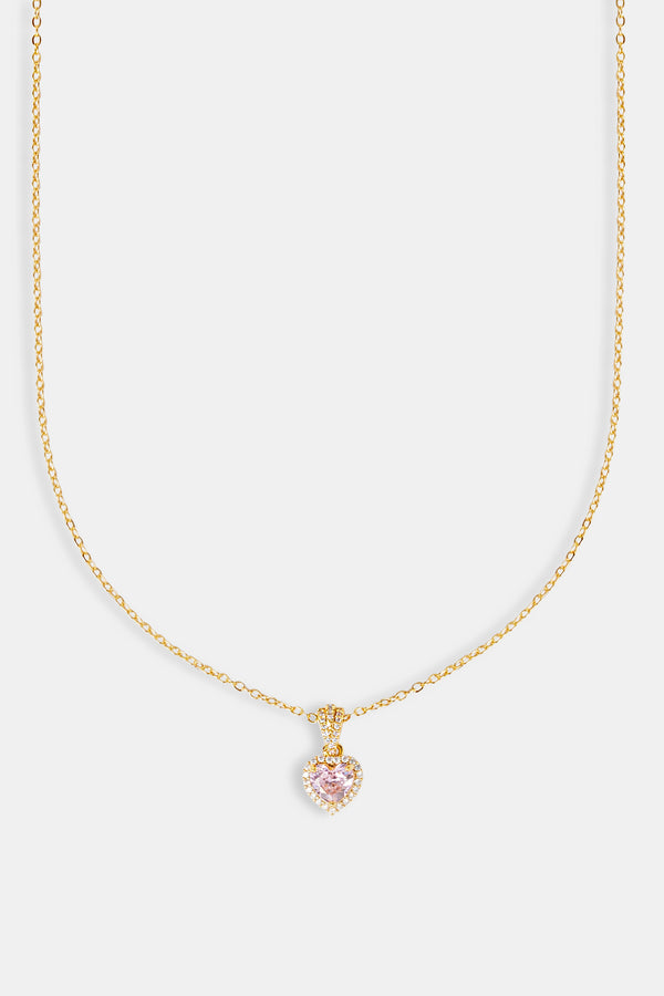 Pink Heart Bezel Necklace - Gold