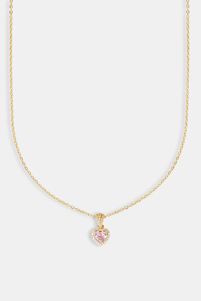 Pink Heart Bezel Necklace - Gold