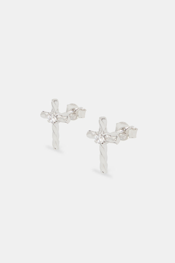 925 Twist Cross Stud Earrings - White - 14mm