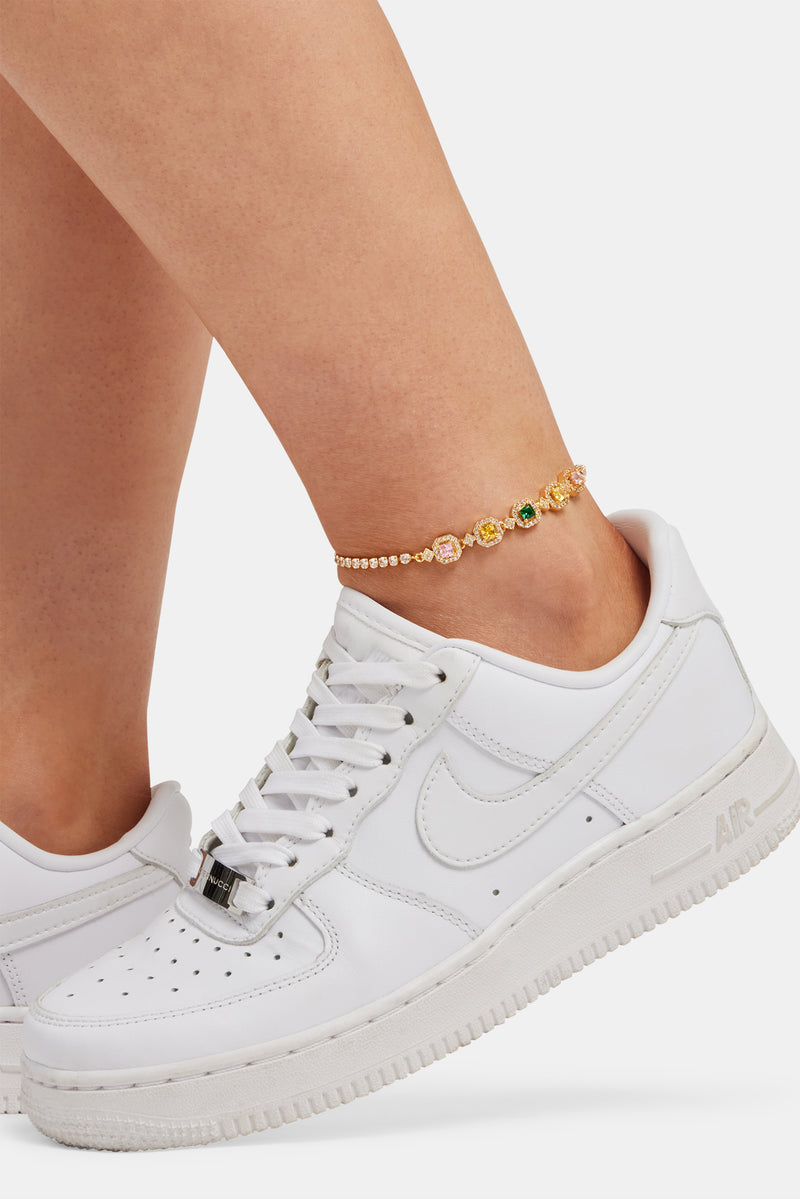 Multi Colour Cluster Tennis Anklet - Gold