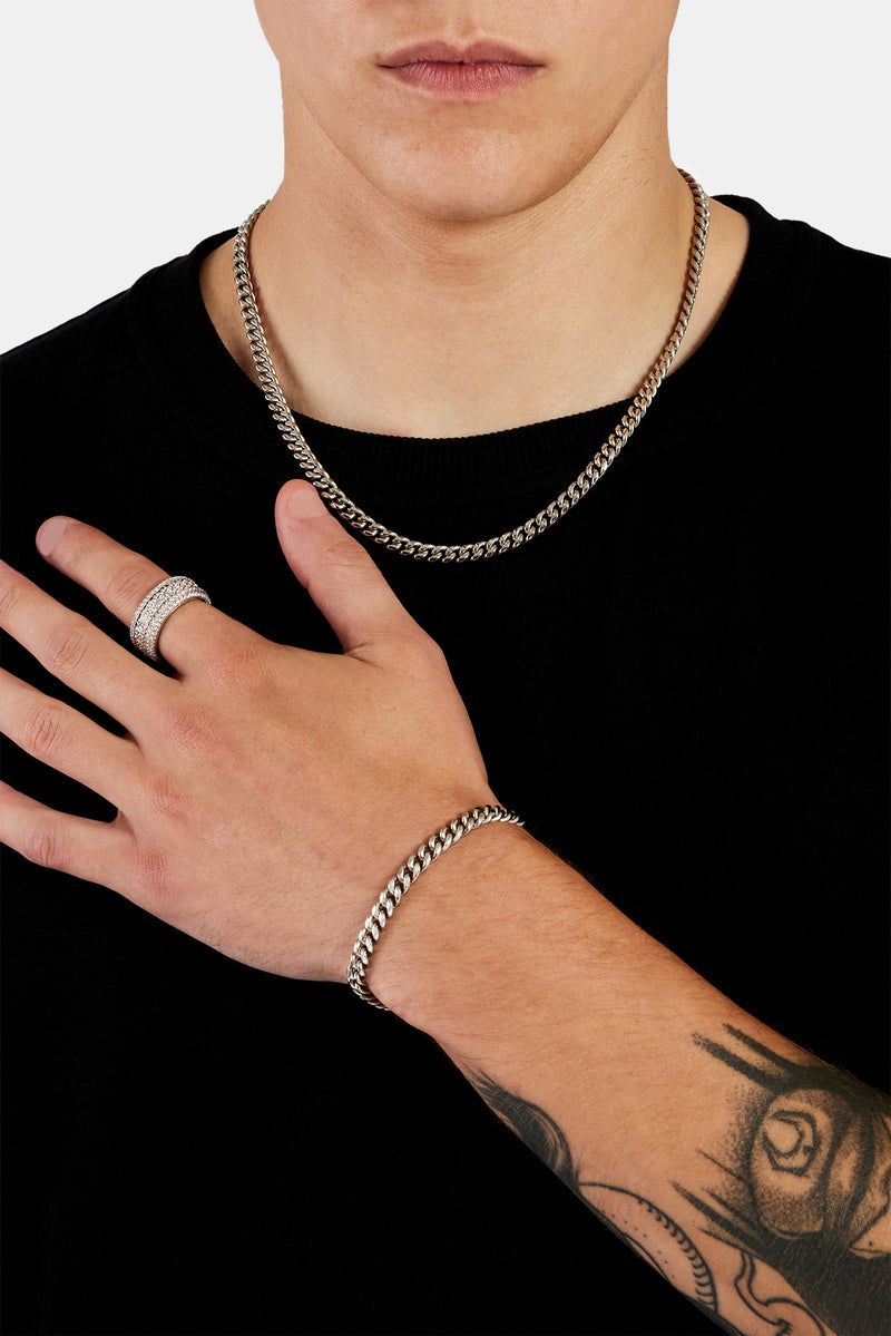 5mm Miami Cuban Chain + Bracelet with Iced Baguette Centre Ring Bundle