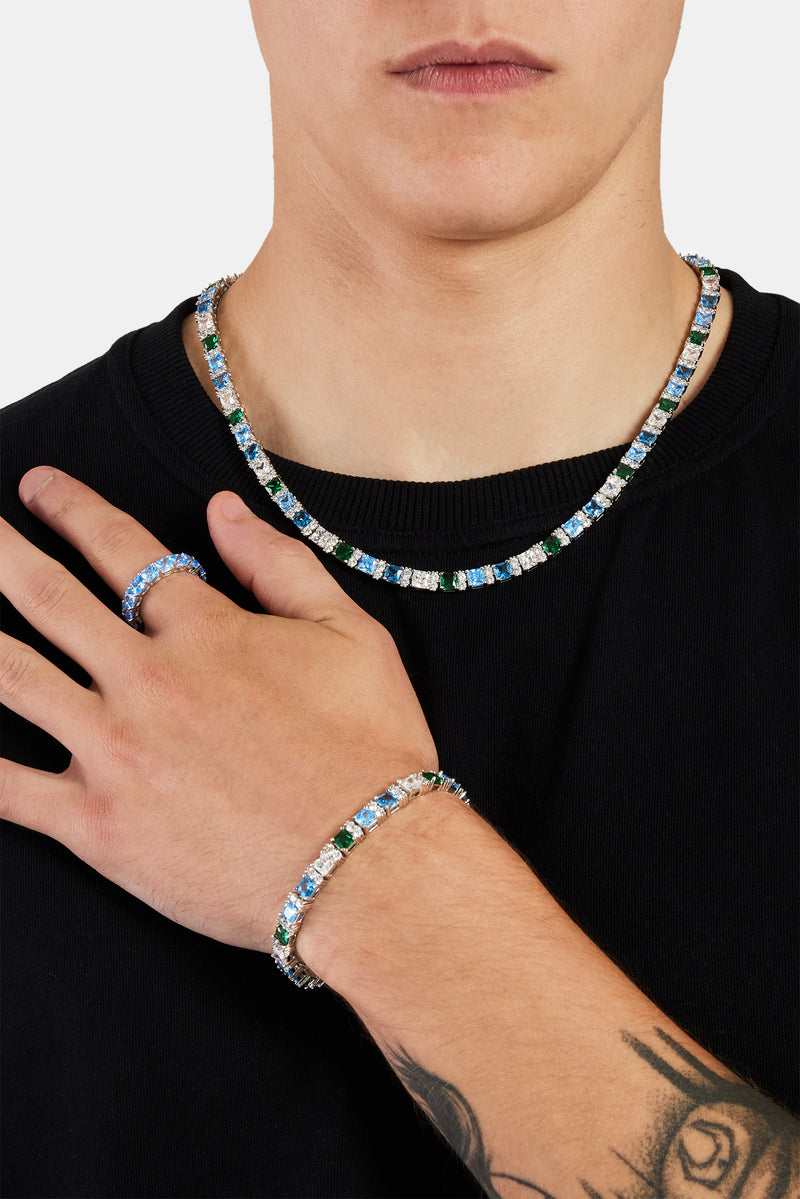 Iced Baguette Tennis Chain, Bracelet & Ring Bundle - Blue Green