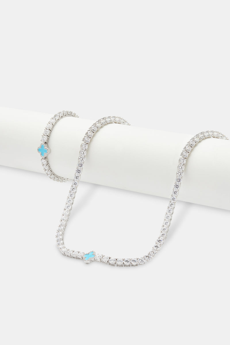 Womens Baby Blue Motif Tennis Chain + Bracelet