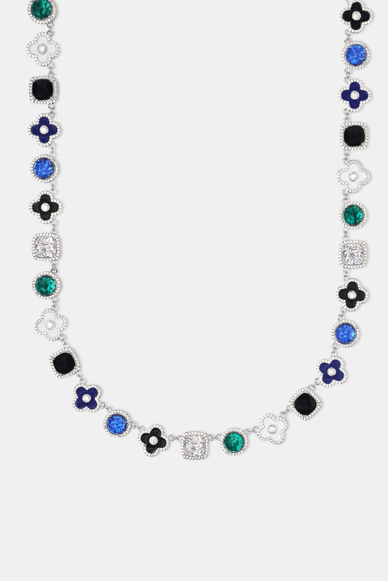 Blue Multi Gem + Motif Chain & Bracelet - White