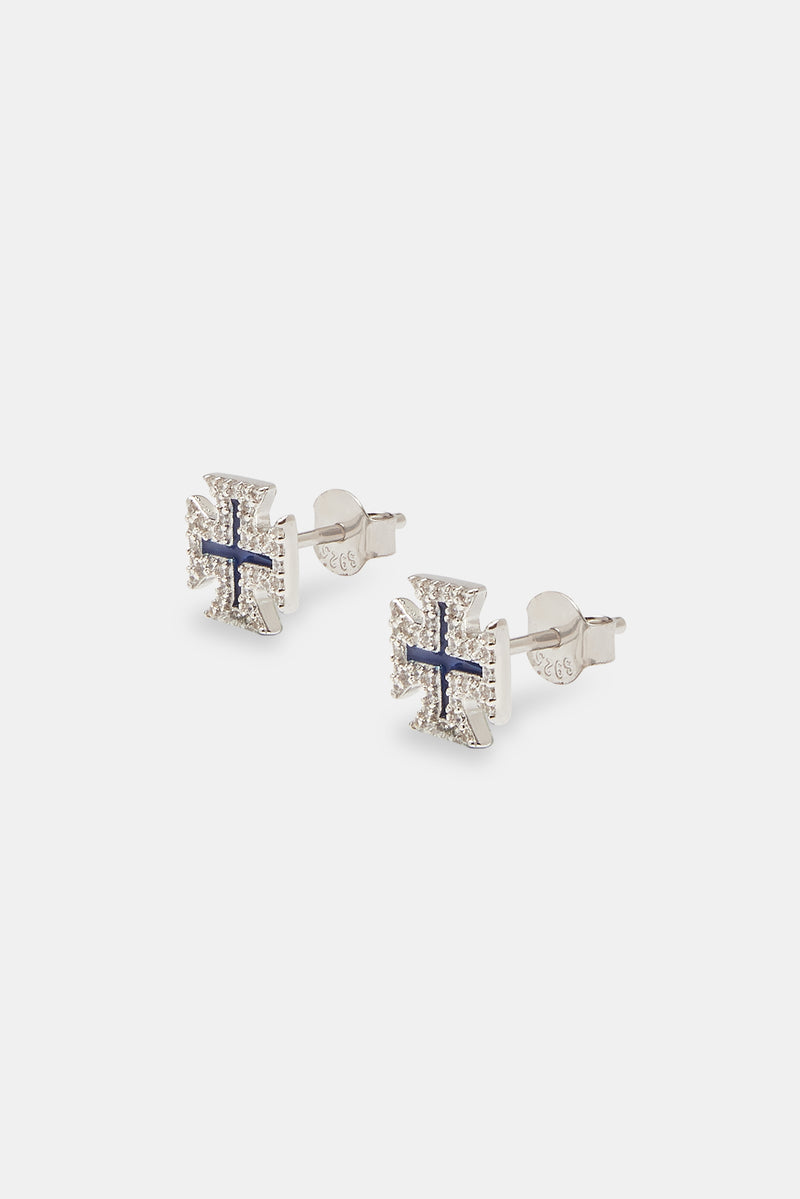 Blue Enamel Cross Motif Stud Earrings - 8mm